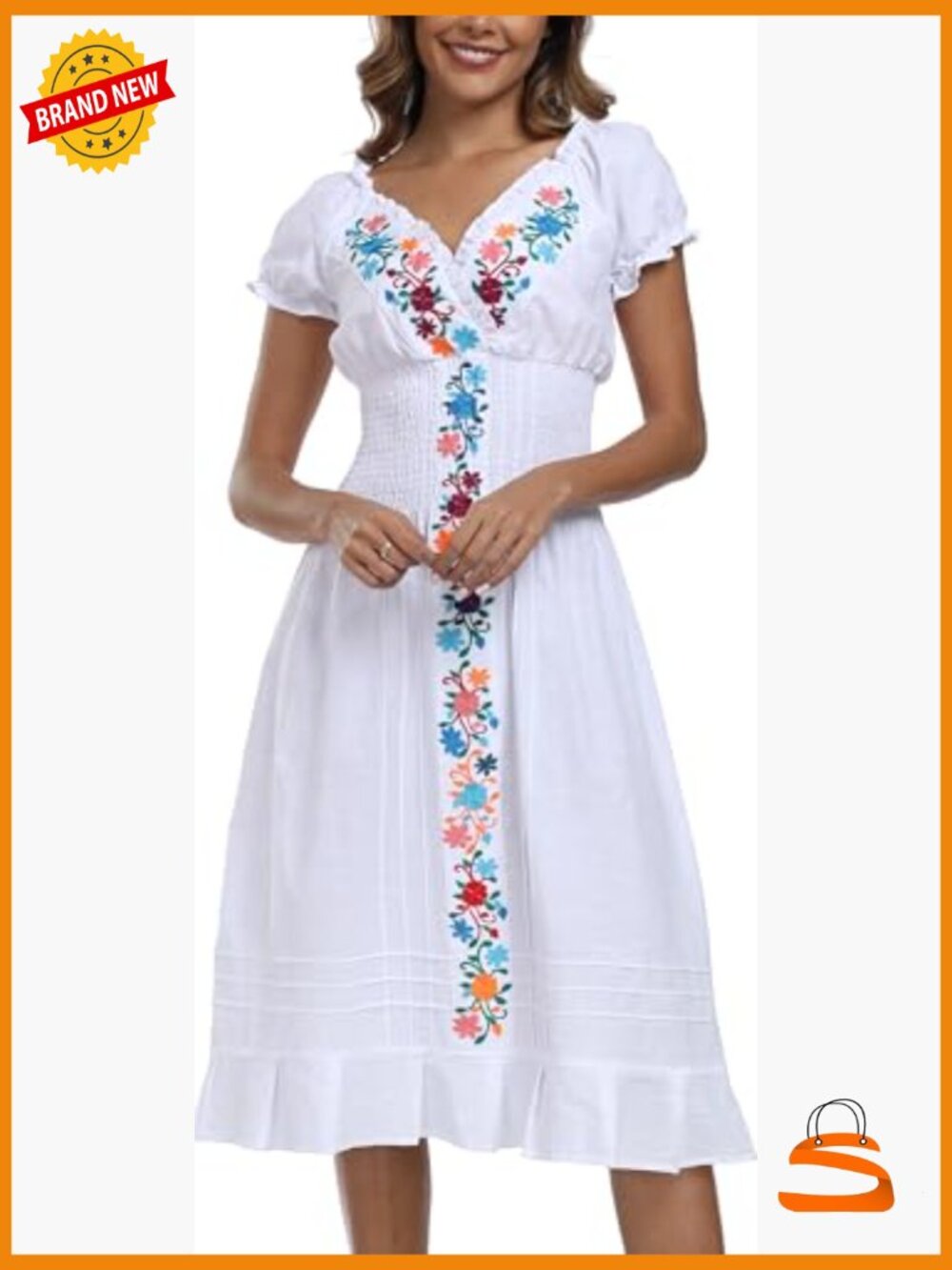 Women's Mexican Embroidered Casual Dress V-Neck Short Sleeves Boho - Picture 3 of 7